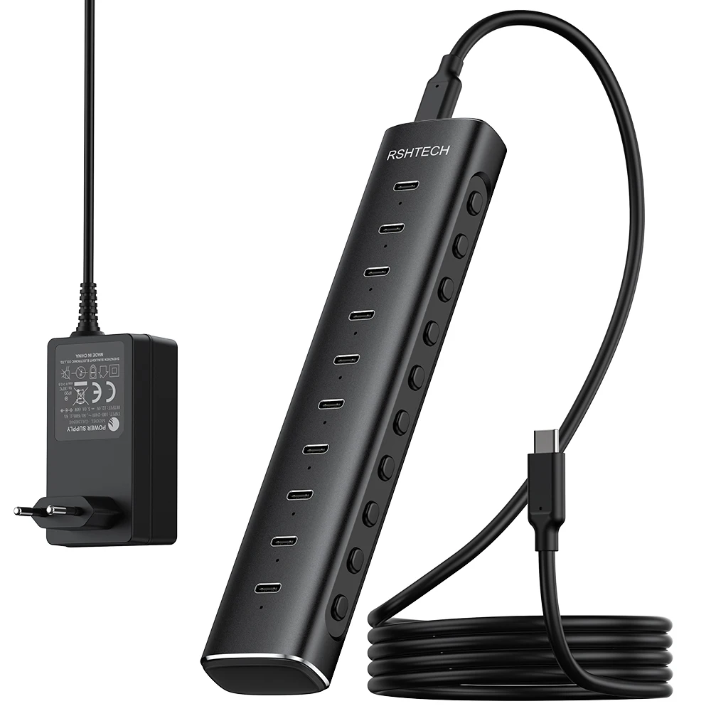 Фото RSHTECH 10-портовый USB 3.2 хаб Type-C с портами для передачи данных 10 Гбит/с и адаптером питания 12В/5А, алюминиевый USB-удлинитель для настольных ПК и ноутбуков №1