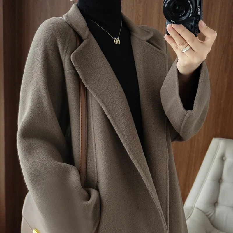 

2022 Winter New High-end Double-sided Pure Cashmere Coat Women's Midi Length Knee-length Loose Plus-size Woolen Tweed Jacket