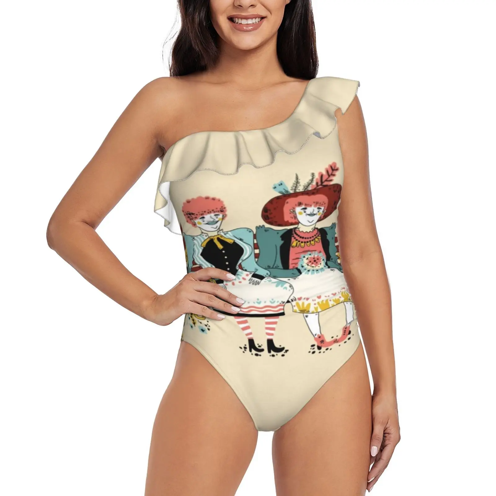 

Мужской слитный купальник на одно плечо с оборками и принтом