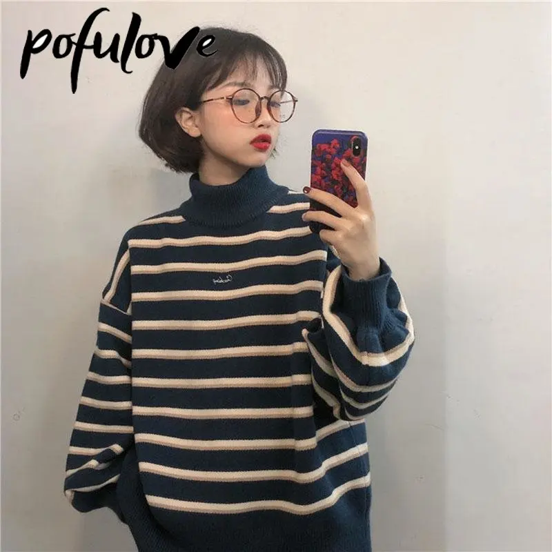 

Half High Neck Sweater Women's Autumn and Winter Lazy Style Loose Pullover Striped Knitting Sweater Autumn and Winter Casual