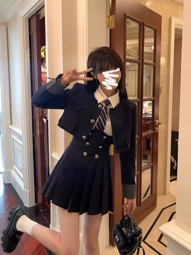 Preppy Jk Uniform Set Spring and Autumn American Short s Gyaru Shirt High Waist Pleated Skirt Three-Piece