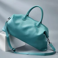 big capacity genuine leather travel bag for women soft fresh blue cowhide casual travel duffel luggage weekend shoulder bag