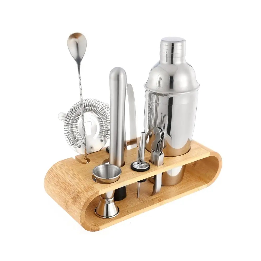 

10Pcs Bartender Martini Cocktail Maker Barware Tool Set 750ml Stainless Steel Cocktail Shaker with Bamboo Base DIY Drink Mixer