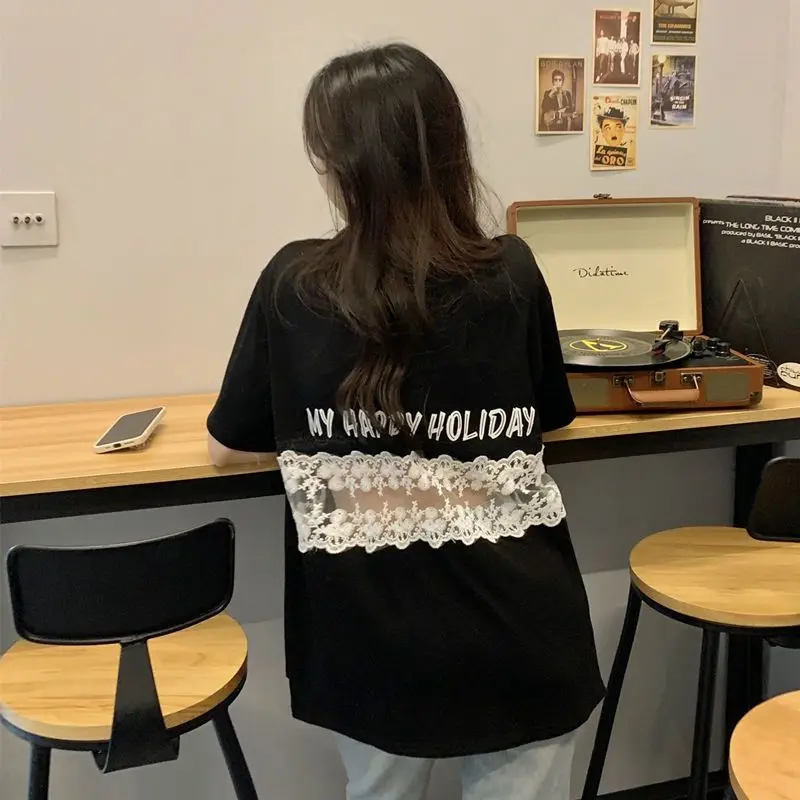 

Fashion Transparent Loose Lace Shirt Round Neck Wild Thin Top Summer New Size T-Shirt For Women 2023 New