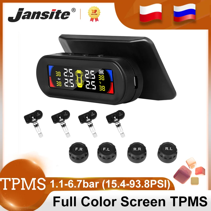 Jansite Car TPMS Tire Pressure Temperature Alarm Monitoring System Colorful Screen USB and Solar Power Charge tpms 1.1-6.7 Bar