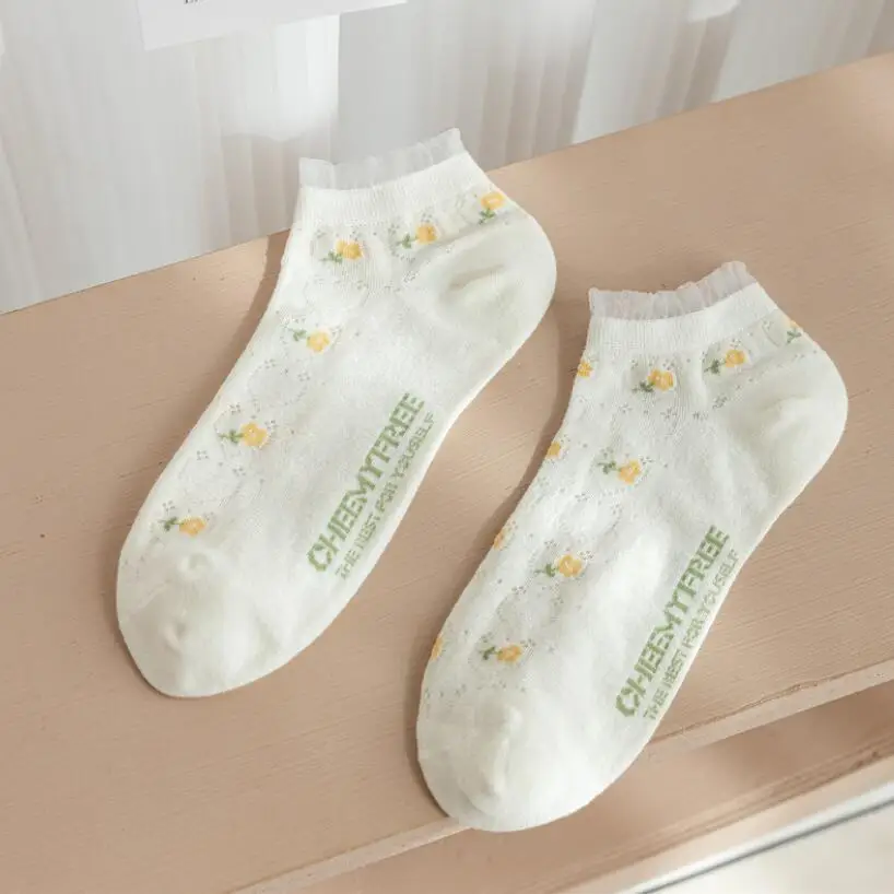 Summer Transparent Floral Socks for Women Cool Thin Mesh Crew Socks Light Crystal Striped Ankle Socks 5 Pairs/ Lot