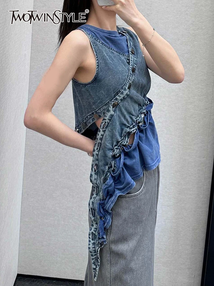

TWOTWINSTYLE Casual Denim Vests For Women Round Neck Sleeveless Patchwork Button Asymmetrical Summer Tank Tops Female Clothing