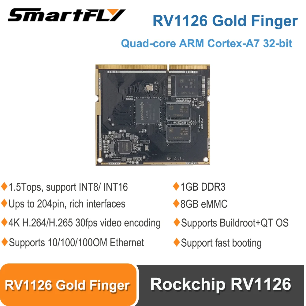 Фото Smartfly Rockchip RV1126/RV1109 Четырехъядерный процессор с золотым пальцем ARM Cortex A7 32-битный NEON FPU 1G DDR3 8G eMMG Основная плата №1