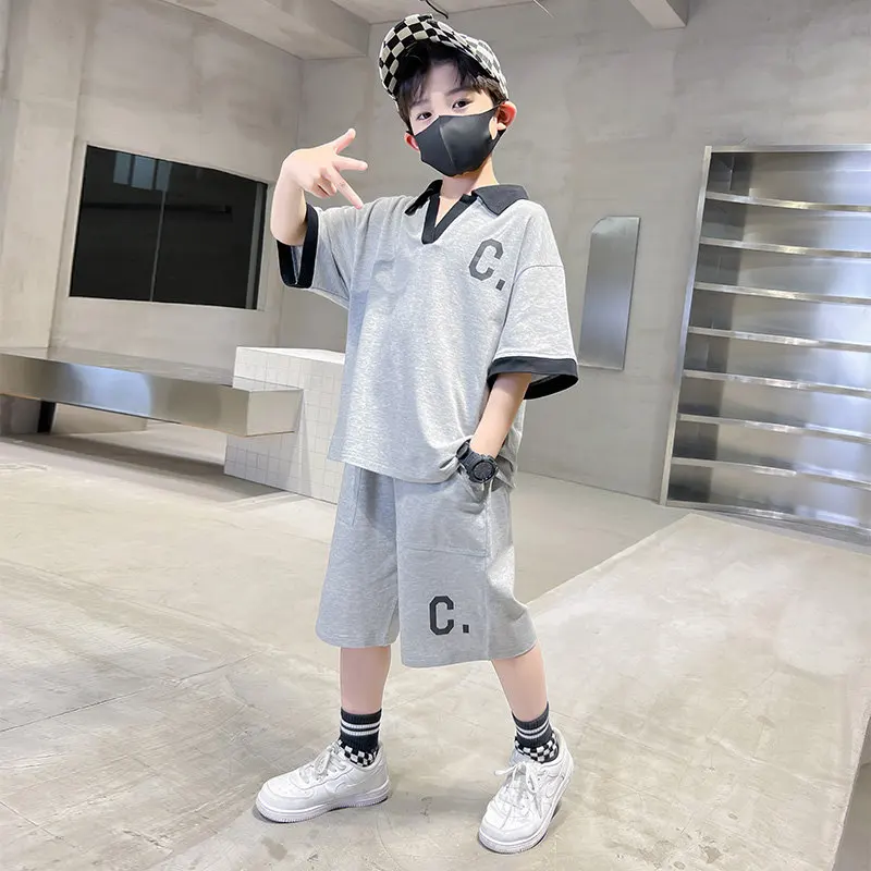 Children's Sport Clothing Set For Boys Short-Sleeved V-Neck T-Shirt+Shorts Solid Color Cotton Two-Piece Summer Teen Kids Outfits