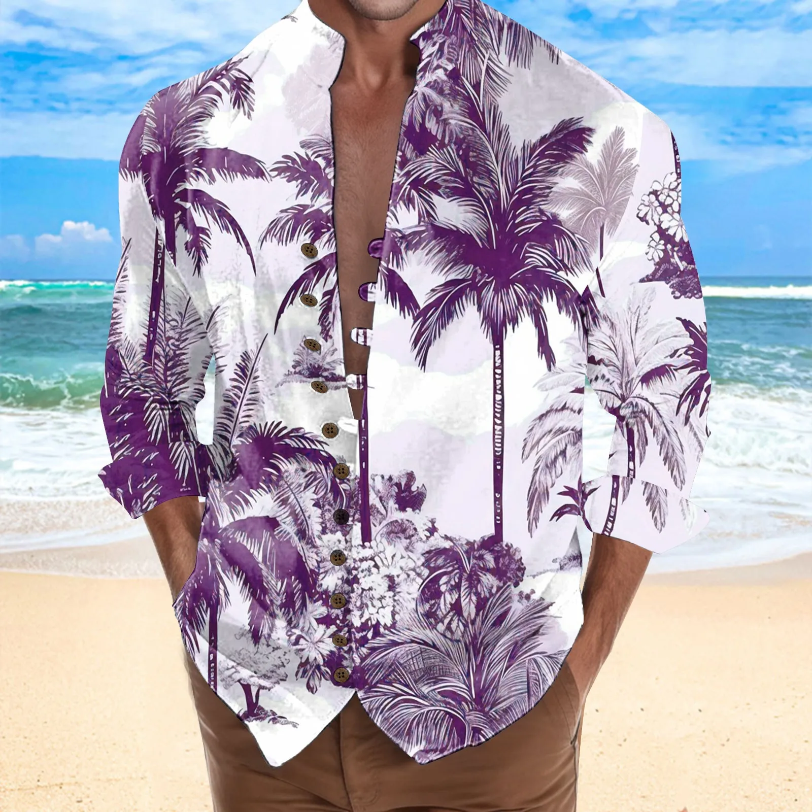 

hawaiian casual shirt for men oversize Palm-tree printed blouse tops Long-Sleeve stand-collar button cardigan clothing for mens