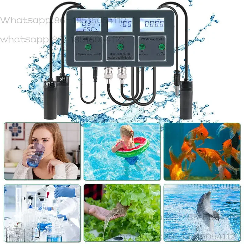 Фото Многофункциональный Wi-Fi тестер качества воды 8-в-1: pH, CF, ОВП, соленость, для морской воды и аквариумов №4