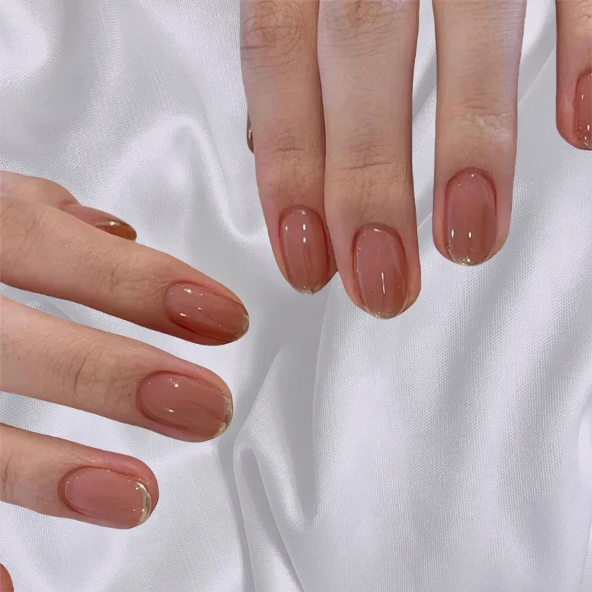 24 шт./компл. Короткие плоские накладные ногти с французским золотым краем