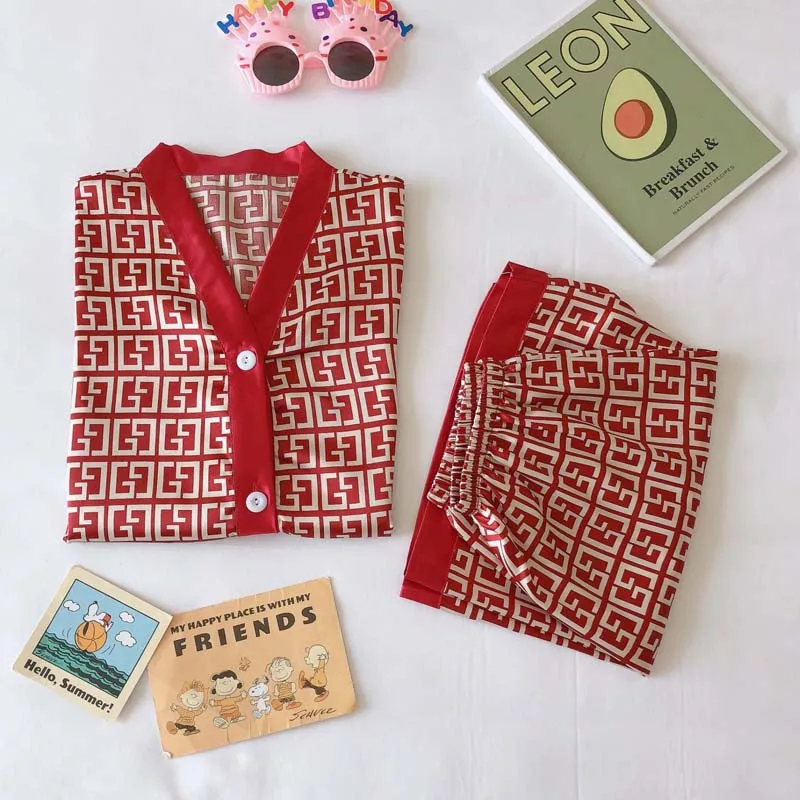 Spring Summer Ladies Faux Silk Polyester Pajama Sets Nightgown Homewear Women's Nightwear Suit Casual Luxury Pajamas for Woman