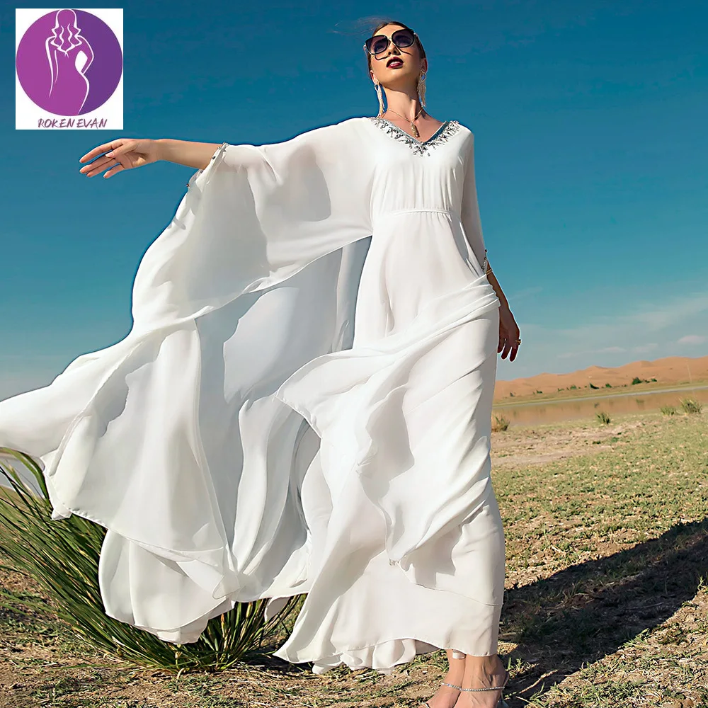 Мусульманское модное платье-Кафтан 2022, белое платье с V-образным вырезом, ручная работа, накидка с бусинами, свободное платье, дизайн для пут...