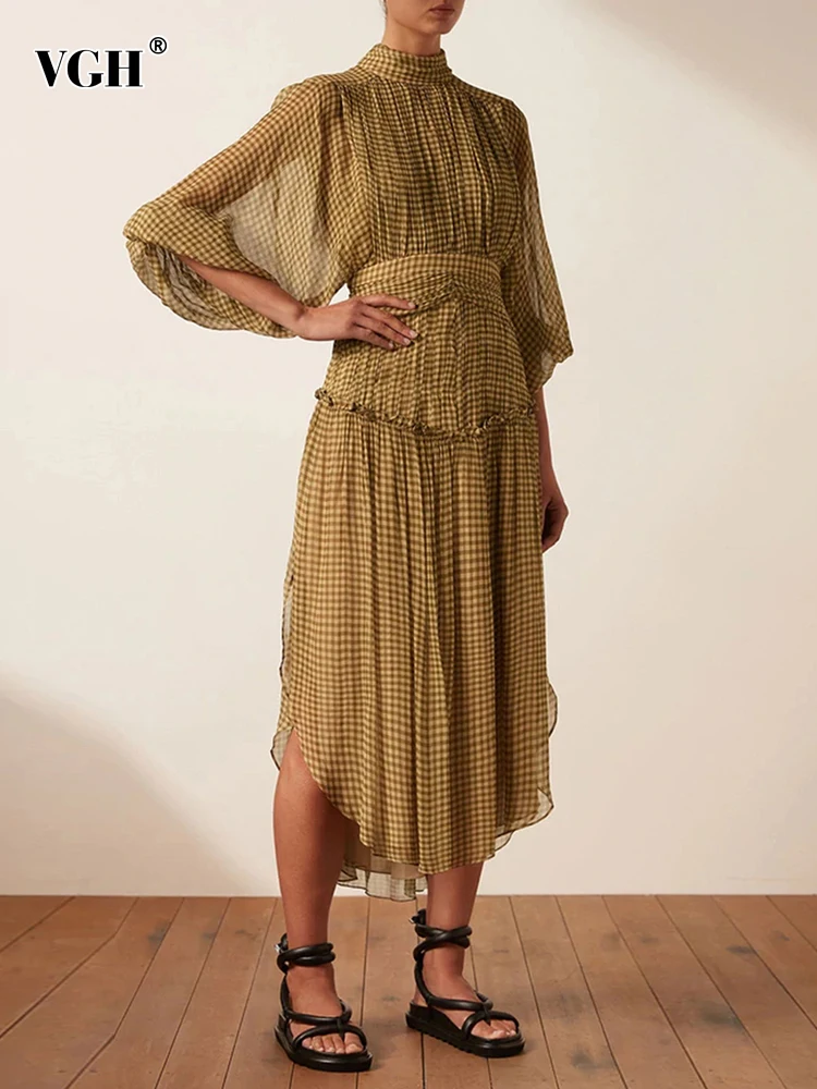 

Женское клетчатое платье средней длины VGH, винтажное платье с воротником-стойкой, длинным рукавом, высокой талией и асимметричным подолом, ж...