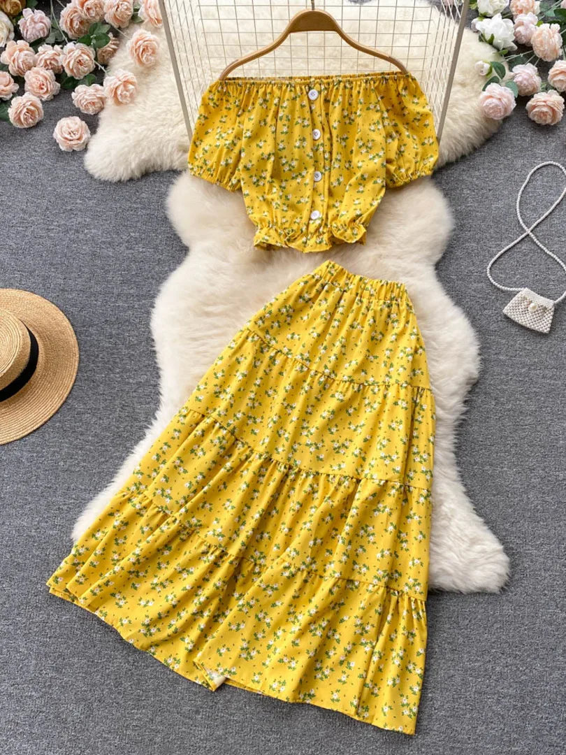 

Beach Style 2 Piece Set Women Summer Clothes Casual Floral Print Slash Neck Off Shoulder Crop Top and Long Skirt Suits