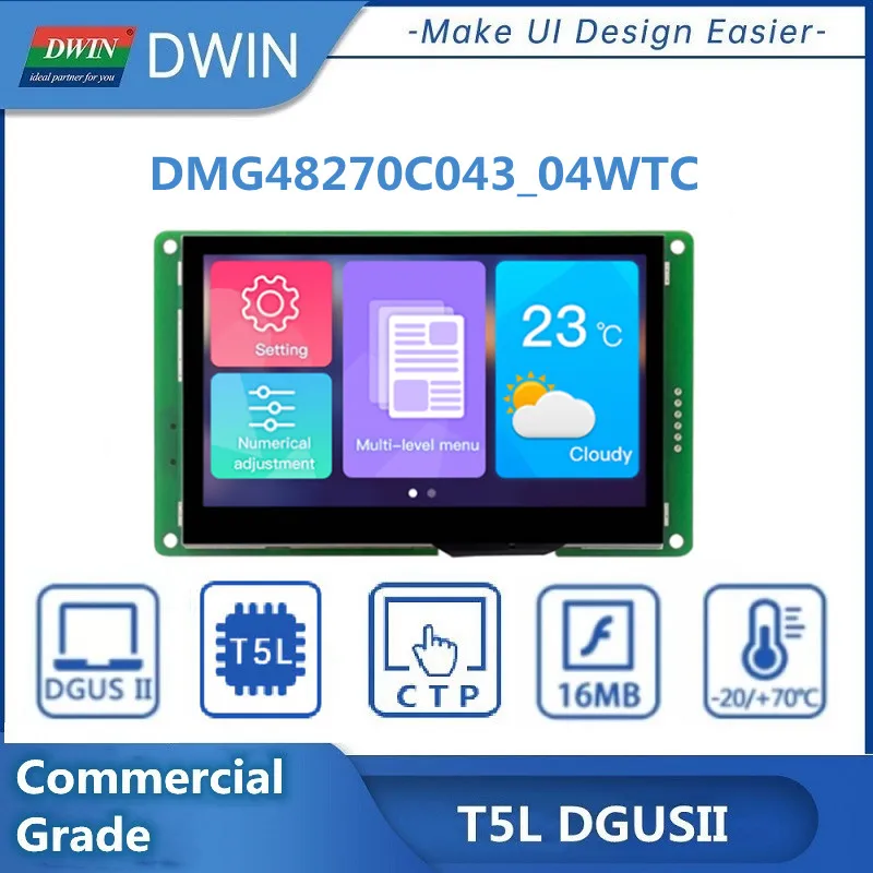 

DWIN 4.3-Inch,480*272 Pixels Resolution, 262K Colors, LCD Display N/RTP/CTP Touch Panel Smart UART LCM Monitors