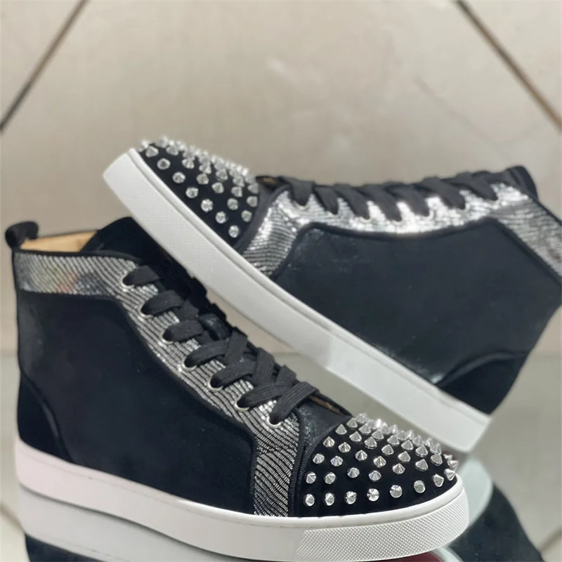 

Luxury Black Leather High Top Red Bottom Silver Rivet Shoes For Men's Casual Flats Loafers Women's Couple Brands Spikes Sneakers