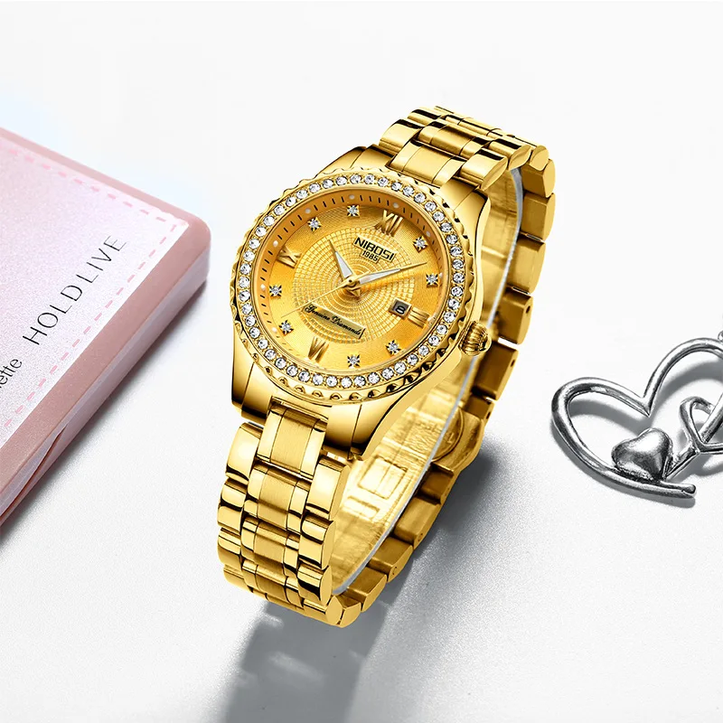 

NIBOSI Fashion Women's Watches Top Brand Luxury Waterproof Stainless Steel Gold Quartz Watch Women Date Watch Relogio Feminino