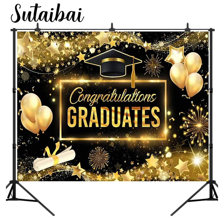 

Graduation Backdrop Congratulations Graduates Class of 2022 Congrats Grad Prom Party Black and Gold Bachelor Cap Background