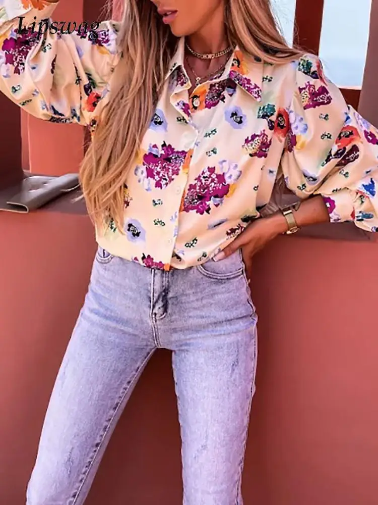 

Spring Printed Long Sleeve Lapel Single Breasted Cardigan Shirts Women Commuter Loose Casual Tops Elegant Chic Harajuku Blouses