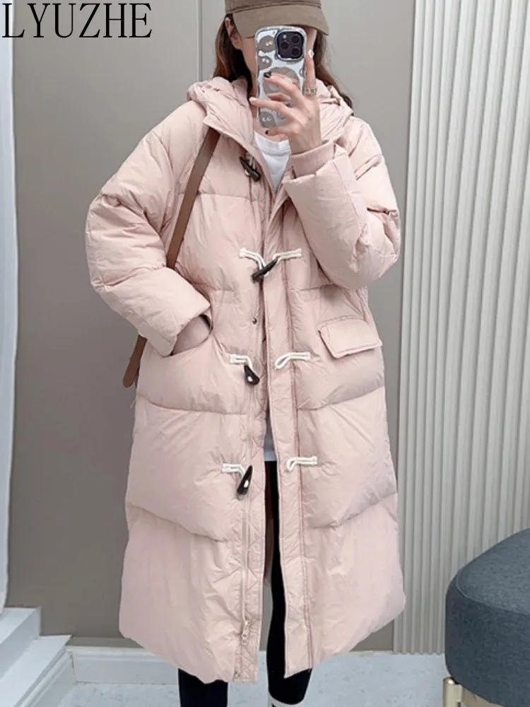 

LYUZHE Long White Duck Down Down Jacket Women 2023 Autumn Winter New Style Thickened Horn Button Over Knee Coat ZXF709A