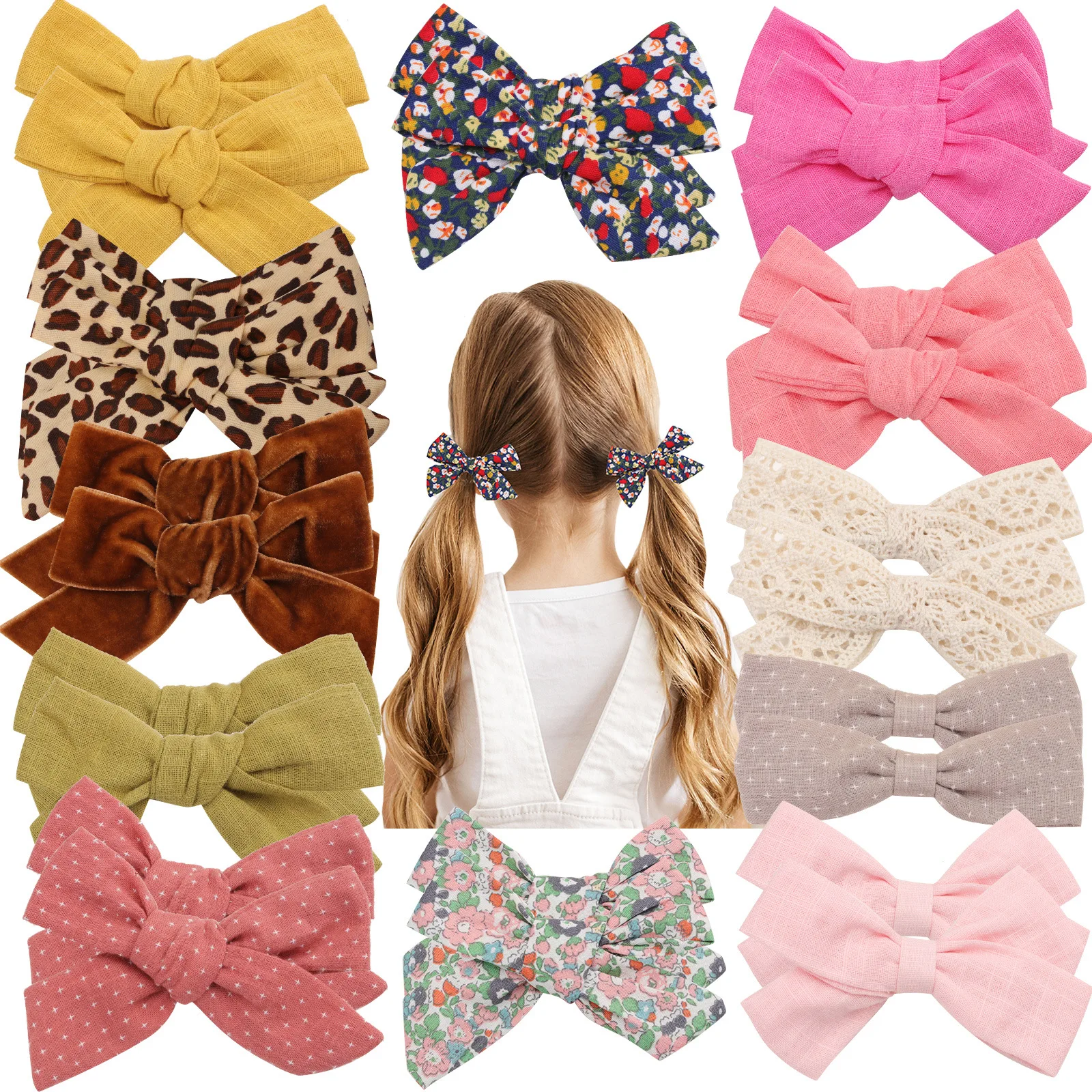 

48pc/lot =24pair 3.5inch Floral Leopard Print Bow Hair Clips Children Baby Girls Cotton Barrettes Lace Hair Bow Hairpins Kids