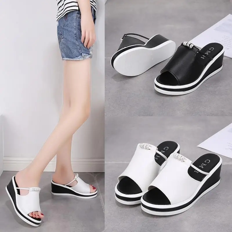 

Sandals And Slippers Women's Rhinestone Thick-soled Slope With Casual Flip-flops, Increased Heel 7cm, Summer New Indoor And Outd