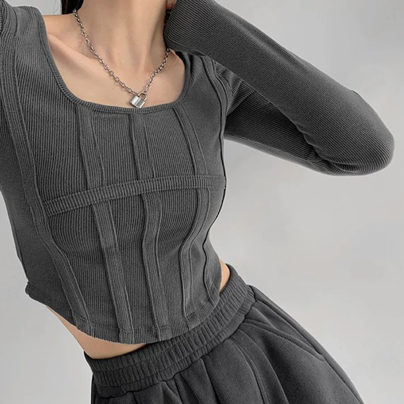 

Y2k T-shirt Girls Crop Tops 2023 Spring Women Long Sleeve O Neck Cotton Shirts Bustier Harajuku Pullover Streetwear