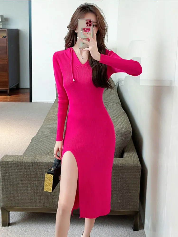 

2022 Autumn Winter Women‘s Dress Hooded Sexy Slim Slit Korean Long Sleeve Mid-calf Screw Black Knitted Dresses For Women Clohtes