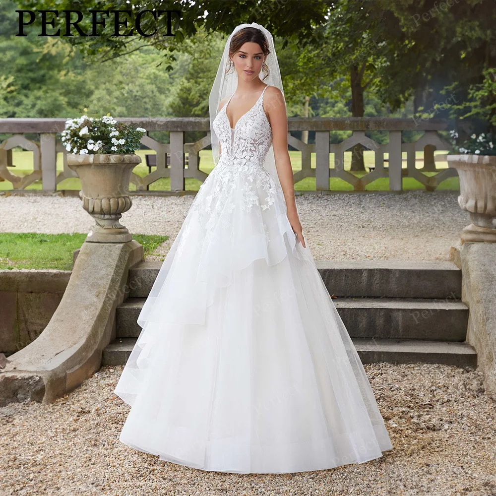 

PERFECT Wedding Dress For Women 2023 Elegant V-Neck Spaghetti Straps Bridal Gowns Tulle Appliques Lace Pleat Vestidos De Novia