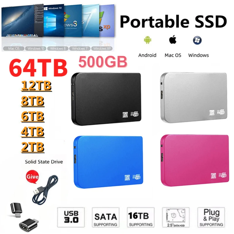 Lenovo 64TB Mini Portable SSD 32TB External Mobile Solid State Drive High Speed USB3.1 Laptop Hard Drive Original For Phone/pc
