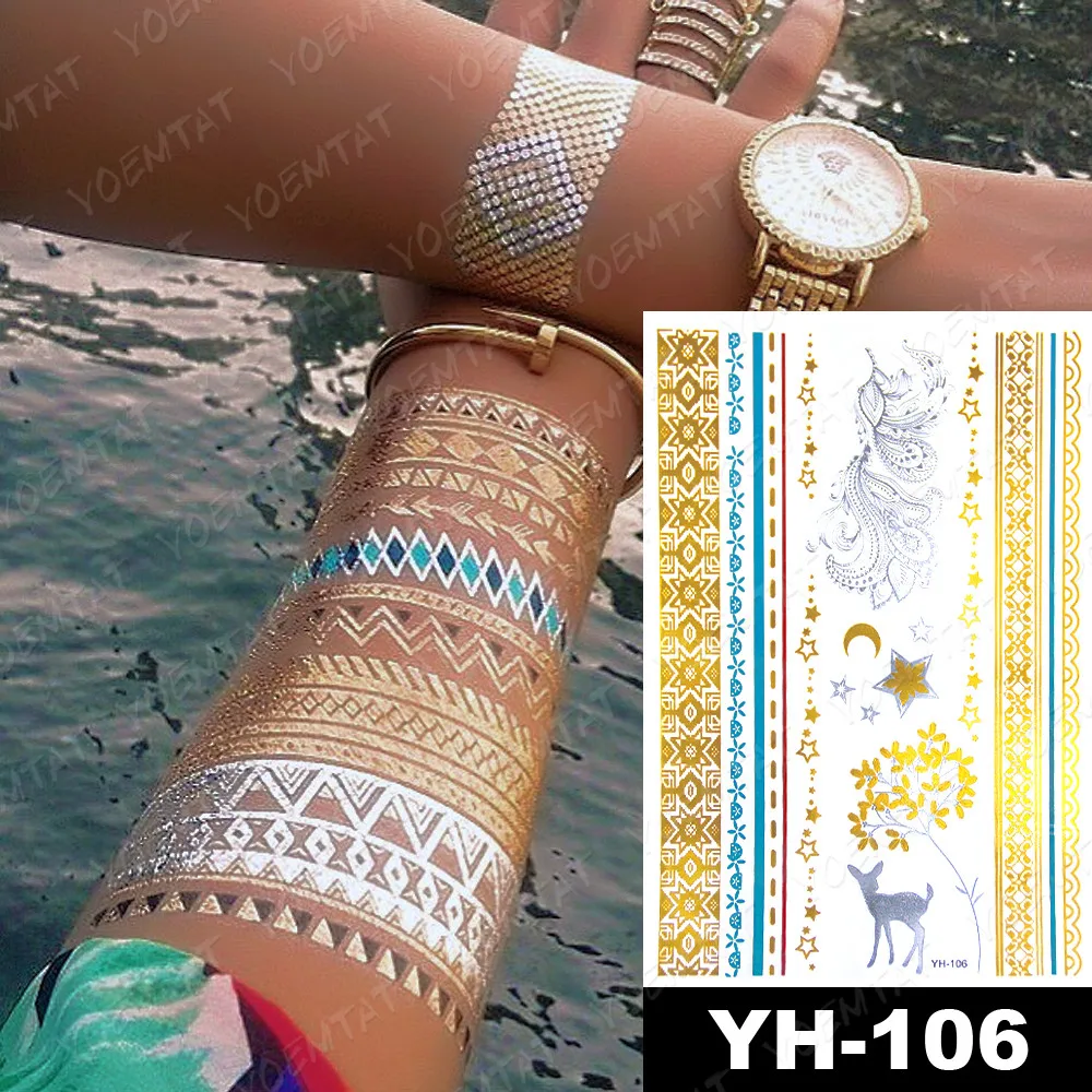 

Waterproof Temporary Tattoo Sticker Colorful Indian Necklace Gold Silver Metallic Tatoo Boho Bracelet Jewelry Glitter Body Art