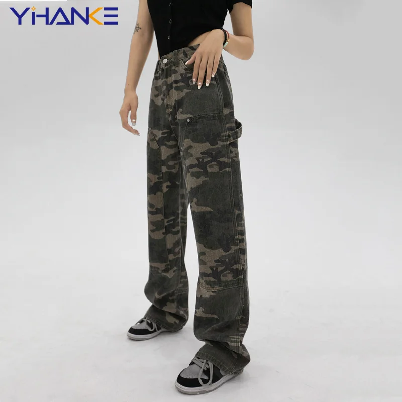 Streetwear Camouflage Jeans Woman High Waist Cargo Pants Straight Jeans Fashion Straight Baggy Pants Y2k Casual Denim Trousers