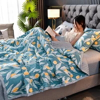 floral summer washed cotton quilt soft single double blanket quilt fluffy plaid blanket on the bed comfortable comforter