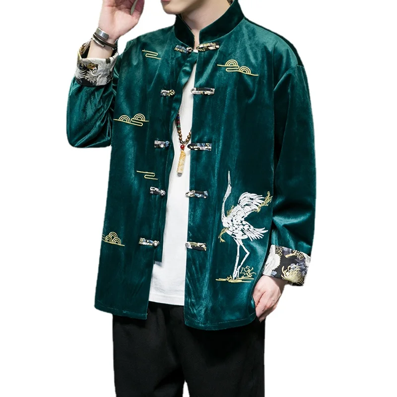 

Мужская Вельветовая куртка с вышивкой, мужское свободное повседневное бархатное пальто, верхняя одежда на весну и осень, китайский костюм к...