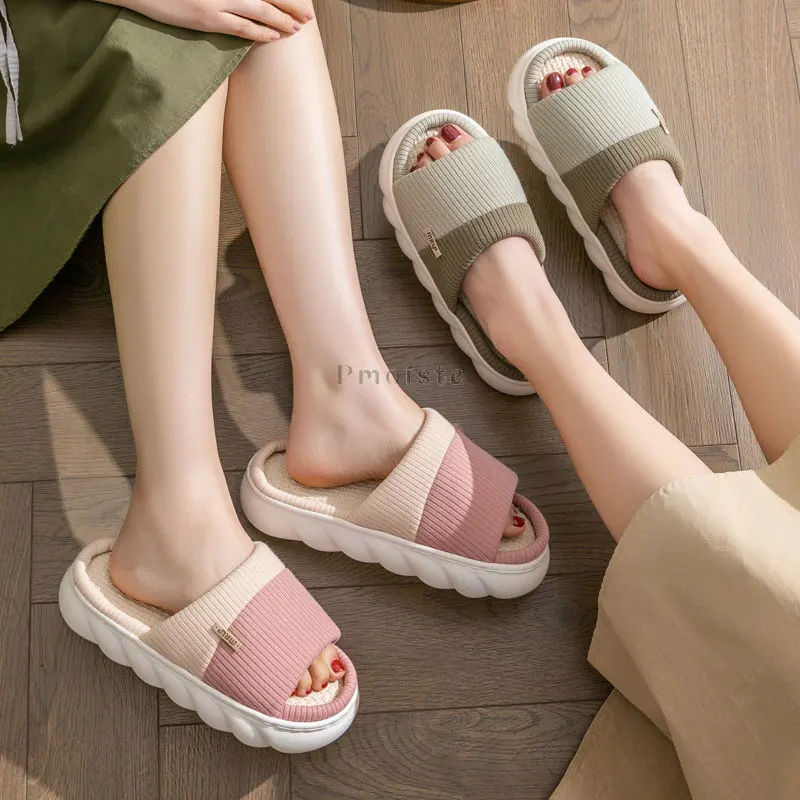 Female Indoor Slippers Striped Mix-color Shoes for Women Home Slides Open Toe Thick Sole Slippers Woman Linen Flat Shoes Comfort