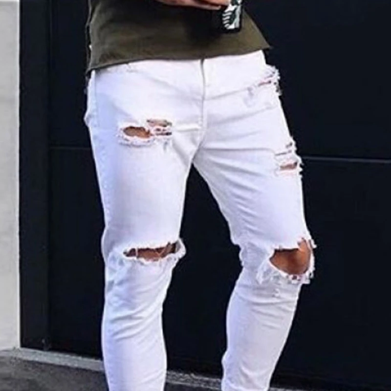 Men's Jeans Spring and Summer Fashion Solid Color Slim Ripped Jeans Men's Casual Button Mid-Waist Denim Pencil Pants Trousers