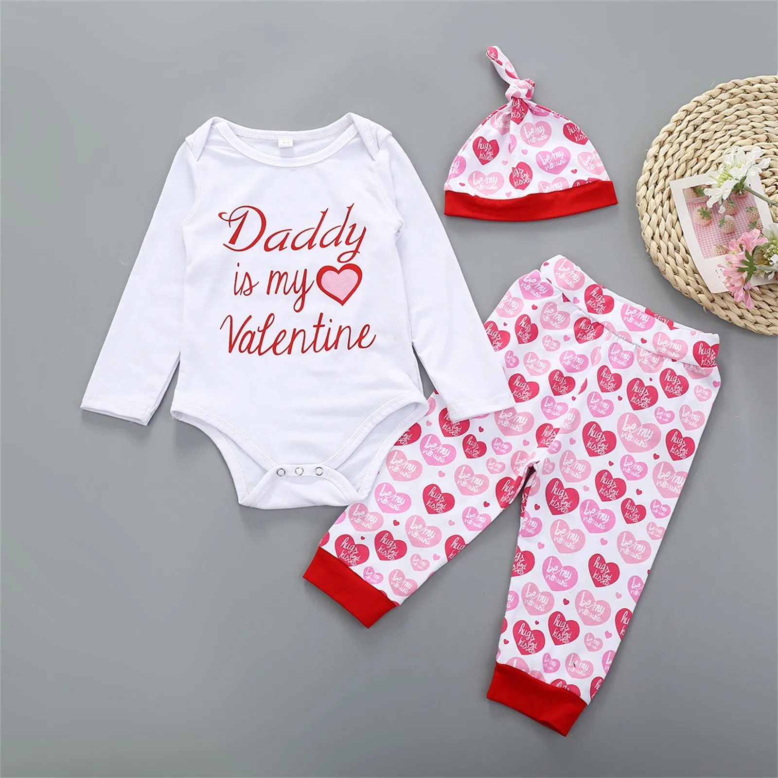 

Newborn Baby Girls Clothes Sets Valentine's Day Toddler Baby Clothing Infant Romper+Heart Print Pants+Caps Sets 0 to 24 Months