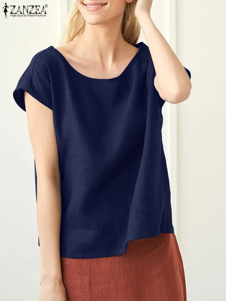 

Women Summer Blouse Shirts Solid O-Neck Retro Chic Streetwear Femme Elegant Thin Tops ZANZEA All-match Blouses Blusas Oversized