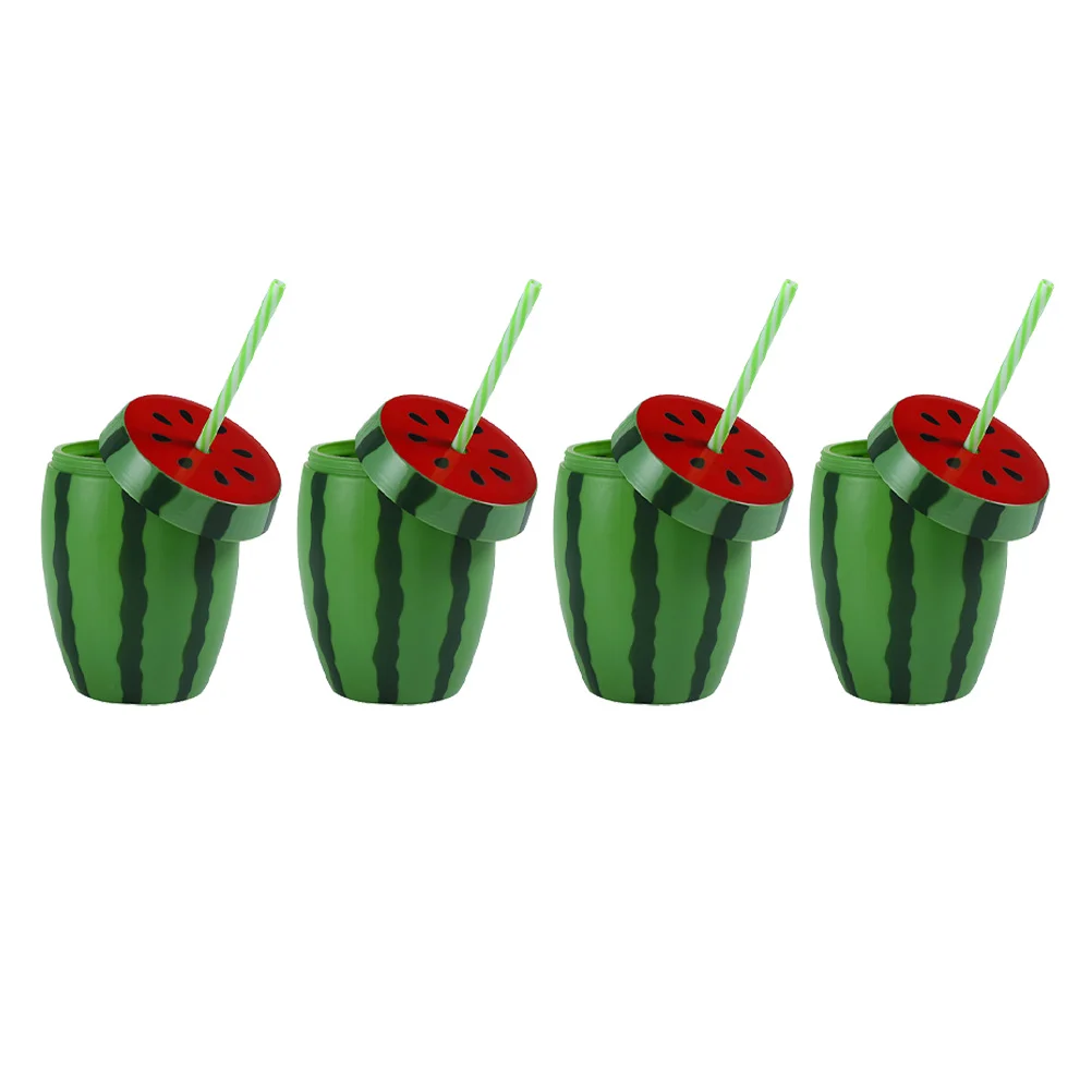 

4 Pcs Watermelon Glass Party Favors Cups Hawaiian Decoration Plastic Disposable Sippy Banquet Drinking Straws