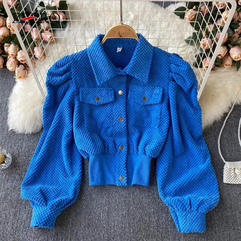 

Fall Winter Vintage Women Puff Lantern Long Sleeve Pink Corduroy Blouse Jacket Female Casual Cardigans Short Coats Ladies Blusas