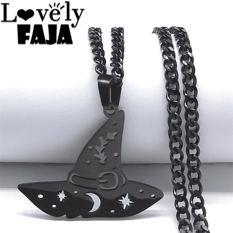 

Goth Magic Witch Hat Pendant Necklace Black Color Stainless Steel Gothic Necklaces for Women Gift Jewelry collier femme N4558S03