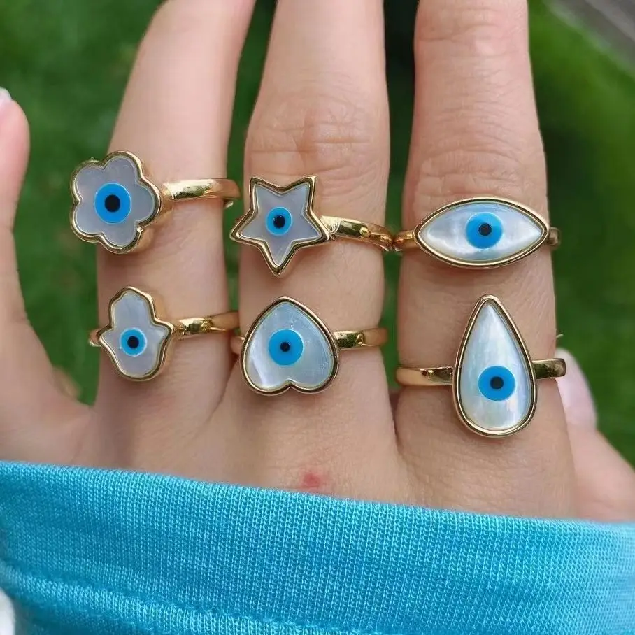 10Pcs ยอดนิยม Blue Star Heart Hamsa มือเชลล์แหวน Lucky Charm ผู้หญิงเครื่องประดับนิ้วมือแหวนของขวัญ