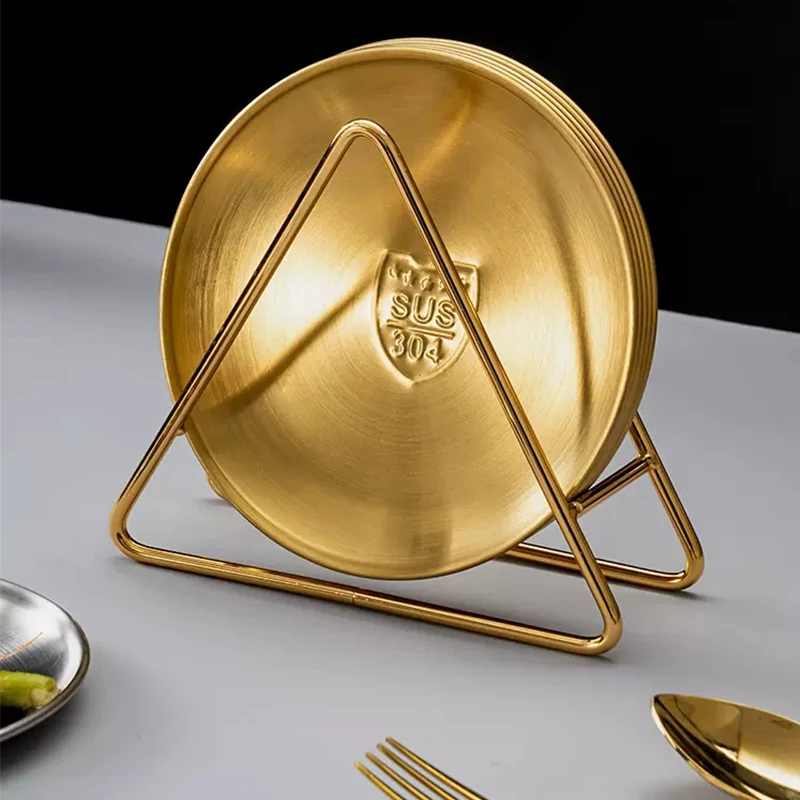 

Набор тарелок для закусок из нержавеющей стали 304, 4 / 6 шт., со стойкой для хранения, прочные круглые столовые блюда 5,4 дюйма для кемпинга