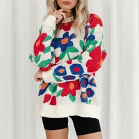 floral print crewneck oversize women knitted pullover 2022 autumn winter long sleeve sweater warm tops aesthetic ladies outfits