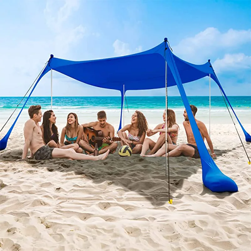 Toldo de tienda de playa con 4 postes de aluminio UPF50 +, sombrilla de playa portátil emergente, para pesca, patio trasero y refugio para el sol al aire libre