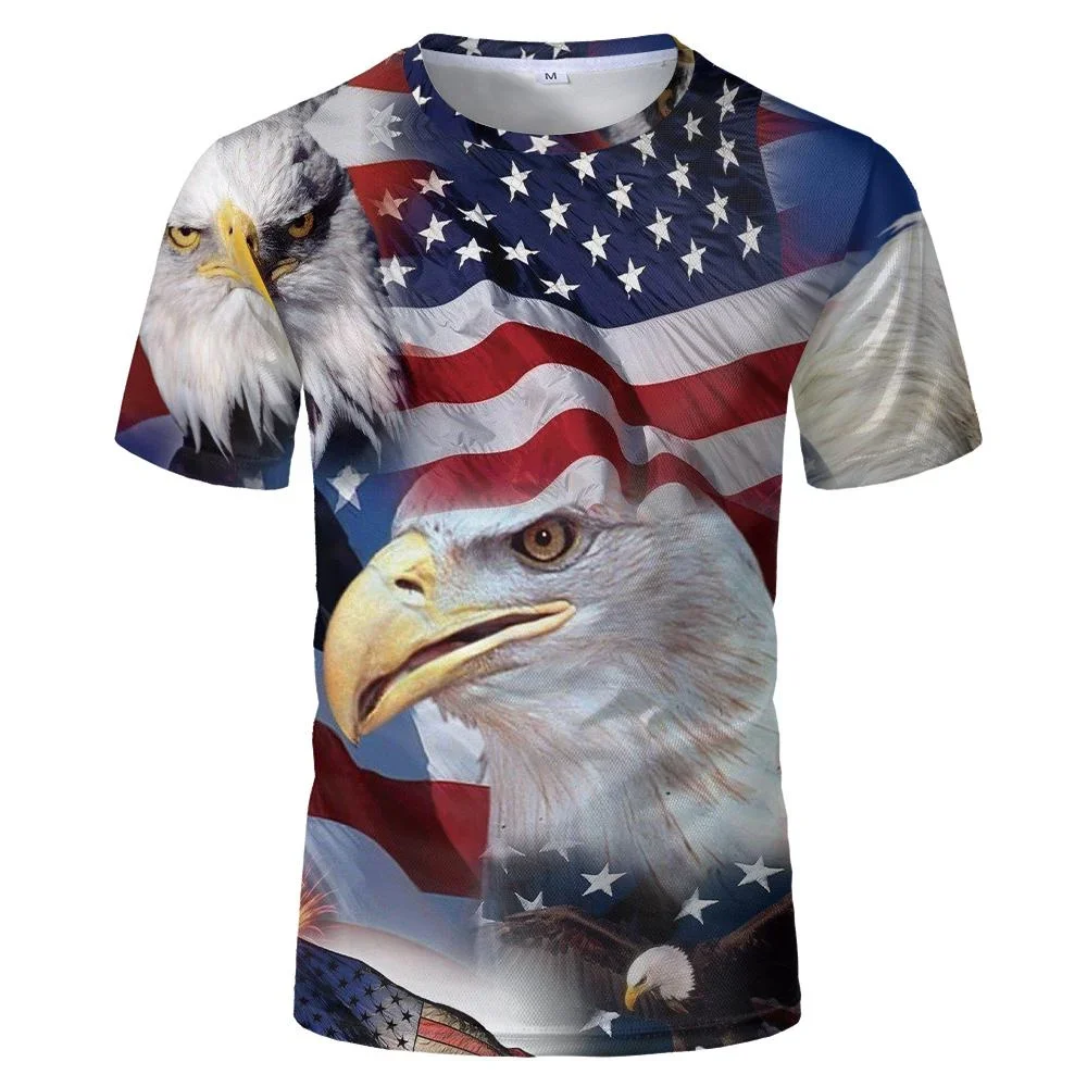 

2022 Summer New Men's Fashion Casual Round Neck Short sleeved Top US Flag Eagle 3D Digital Print Hip Hop Loose Plus Size T-shirt