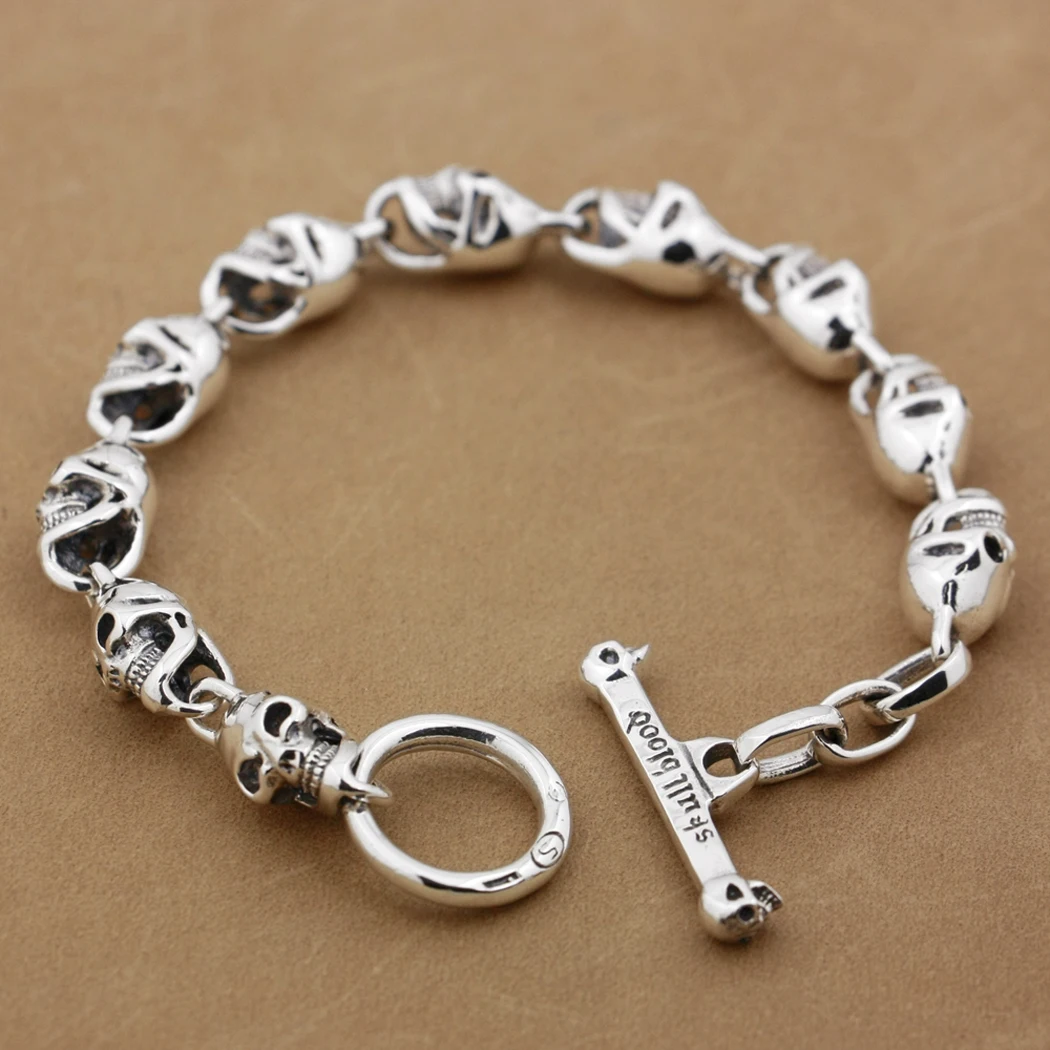 Браслет с черепами из стерлингового серебра 925 пробы байкерская цепочка в стиле