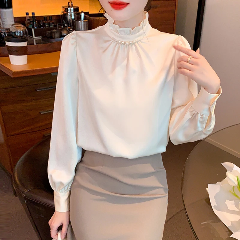 Модная Новая женская блузка с длинным рукавом и бисером повседневная офисная